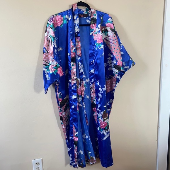 Vintage Royal Blue Kimono Silky Satin Floral Large Pink Bird Robe Sleepwear - Picture 1 of 7